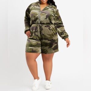Ashley Stewart Romper.Size 14/16. Camo Velour Drawstring Hoodie Long SL Full Zip